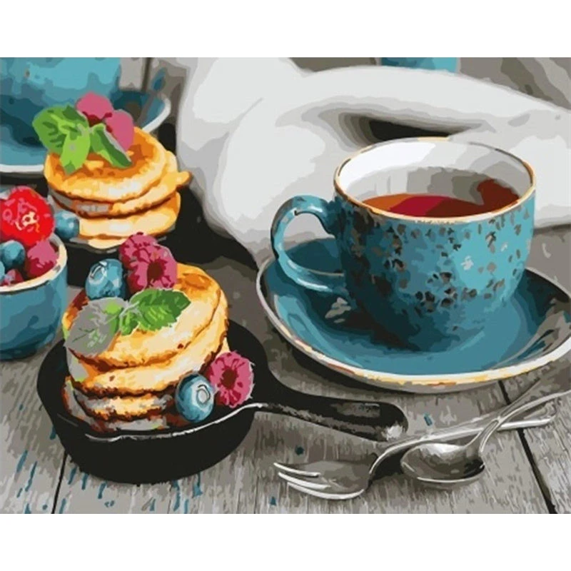 Wholesale Diy Oil Painting By Numbers Coffee Cup Ready Frame Acrylic Canvas Drawing Dessert Handmade Still Life Wholesale Kits