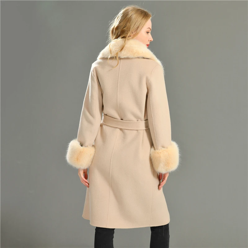 New Trending Handmade Sew High Quality Wholesale Custom Color Belt Design Women Faux Fur Wool Coat Cashmere