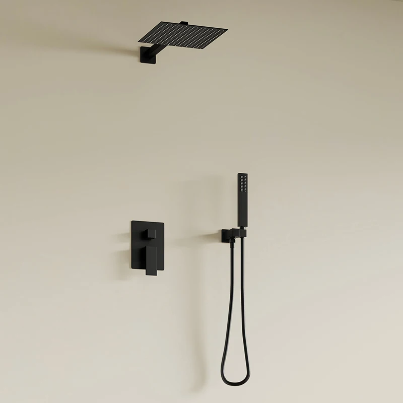 Shower System High Pressure Douche Square Shower Set Bathroom Concealed Black Wall Mounted 10-inch Brass Modern Contemporary