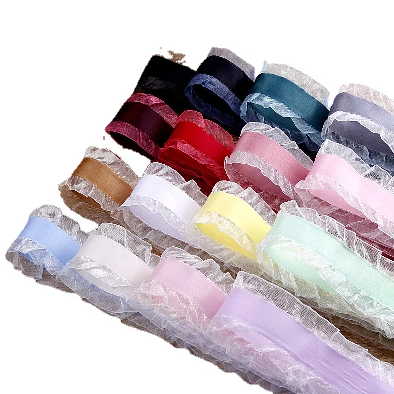 Wholesale High Quality Double Ruffle Organza Edge Satin Ribbon Fancy Personalised Ribbons For Headwear Bows
