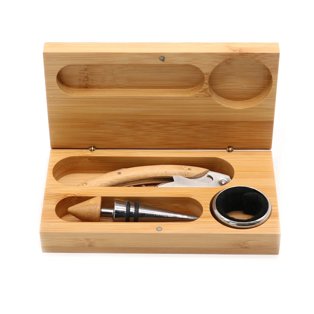 Customized Fancy Personalized Stainless Steel Cork Screw Corkscrew Wine Bottle Opener Gift Set with Bamboo Box
