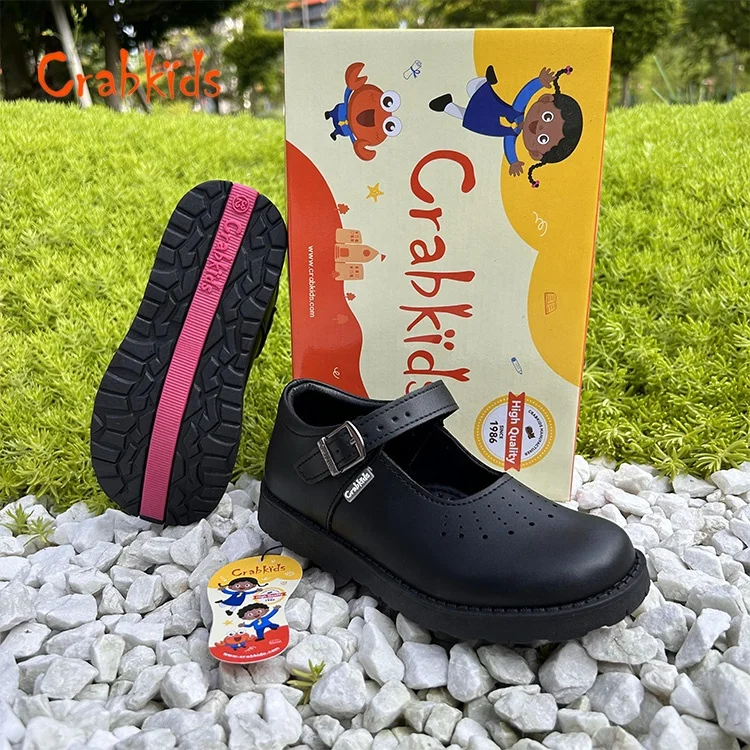 Crabkids High quality formal kids school performance student black leather school shoes for girls