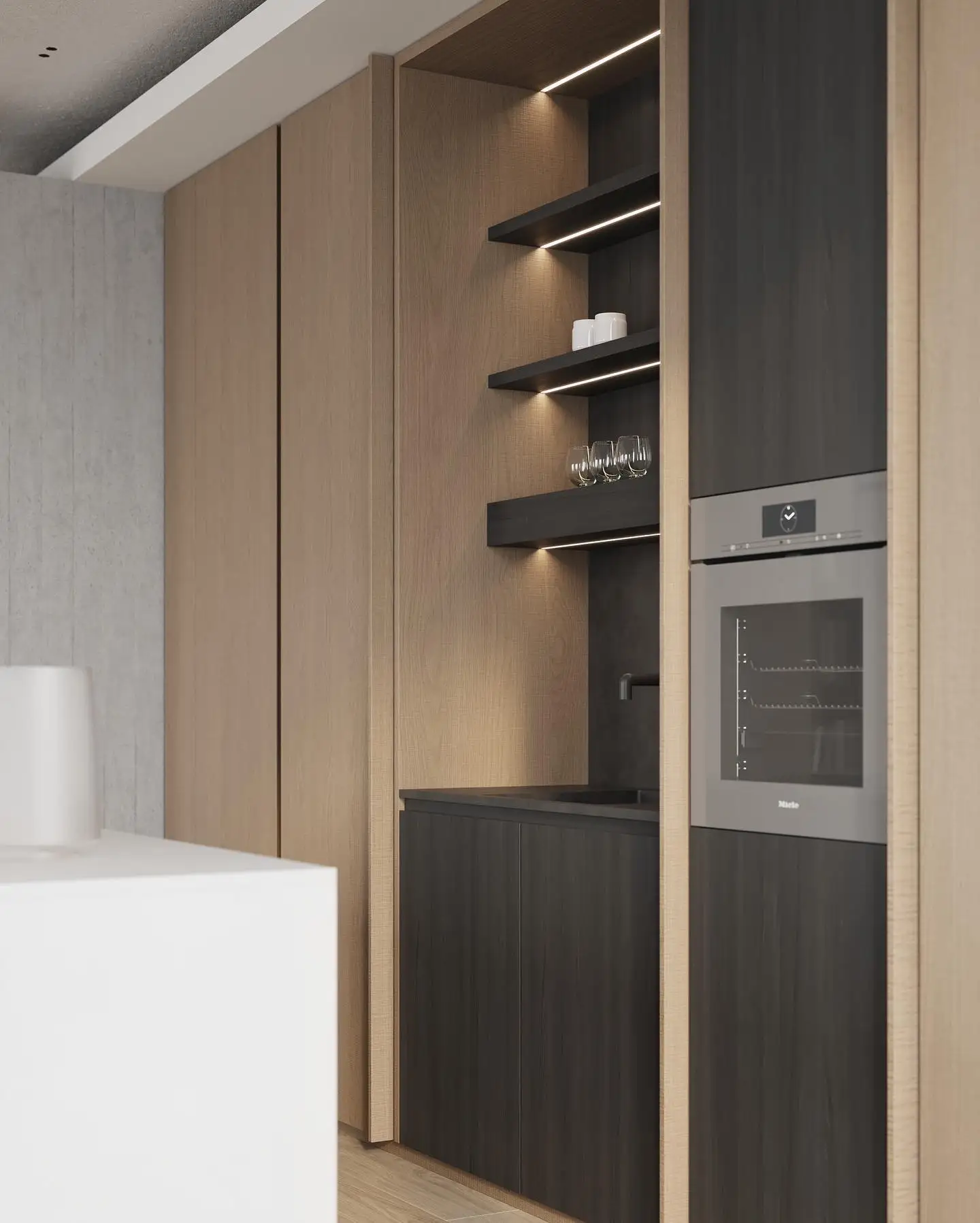 Modern design veneer wooden furniture kitchen cabinet MDF brown kitchen cabinets complete sets with Bar