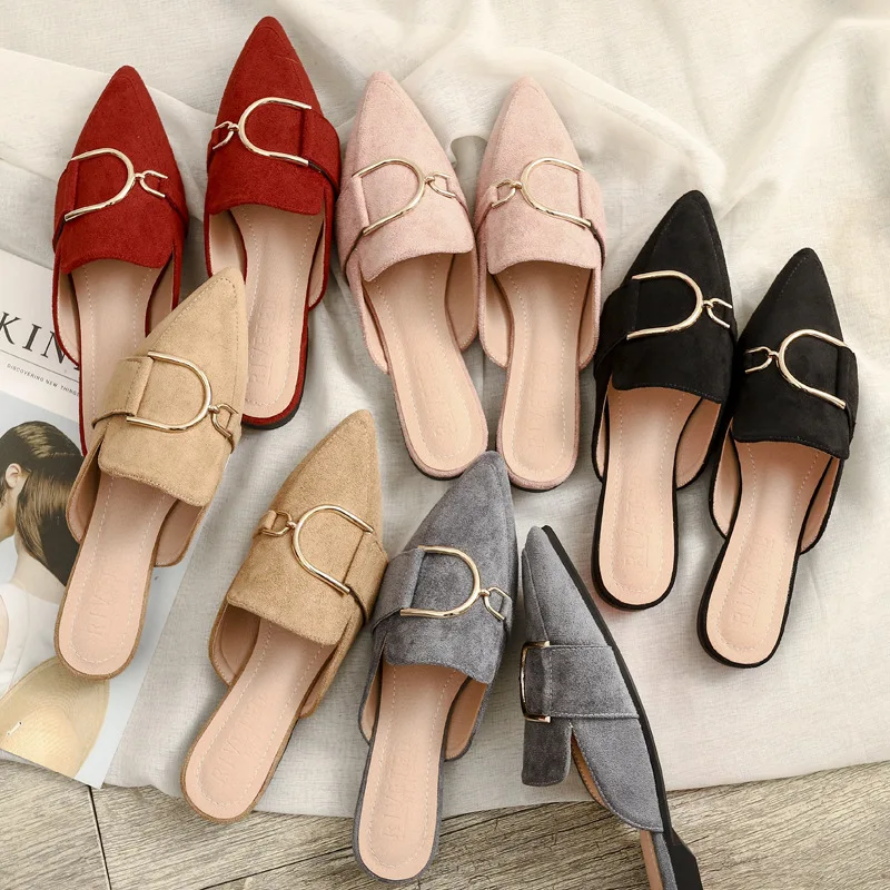 
The New Listing Spring Pointed Toe Slippers Ladies Outdoor Suede Mules Flat Shoes Fashion Causal Woman Shoes 