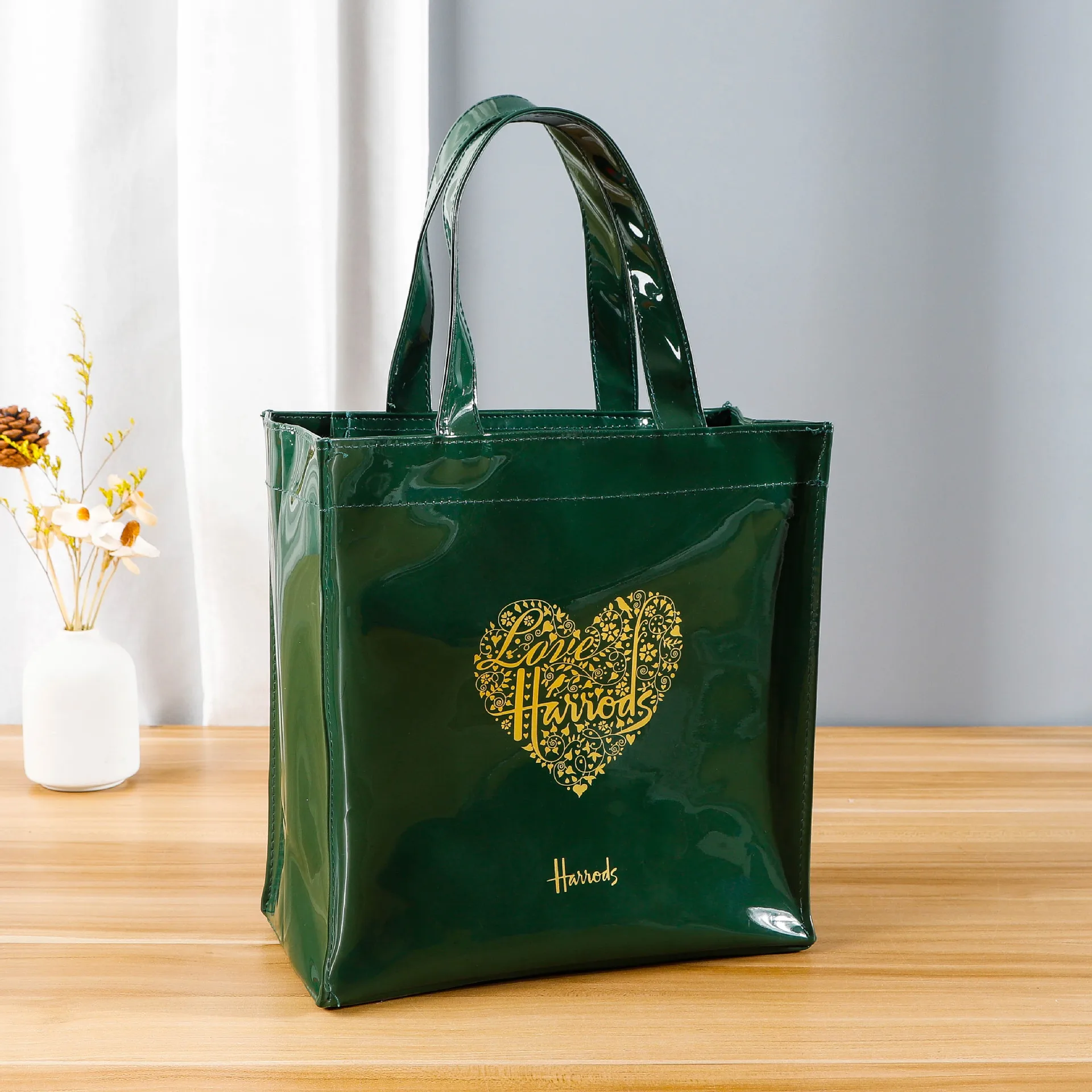 Custom durable shiny glitter handbags green pvc coated shopping tote jelly bag black with zipper