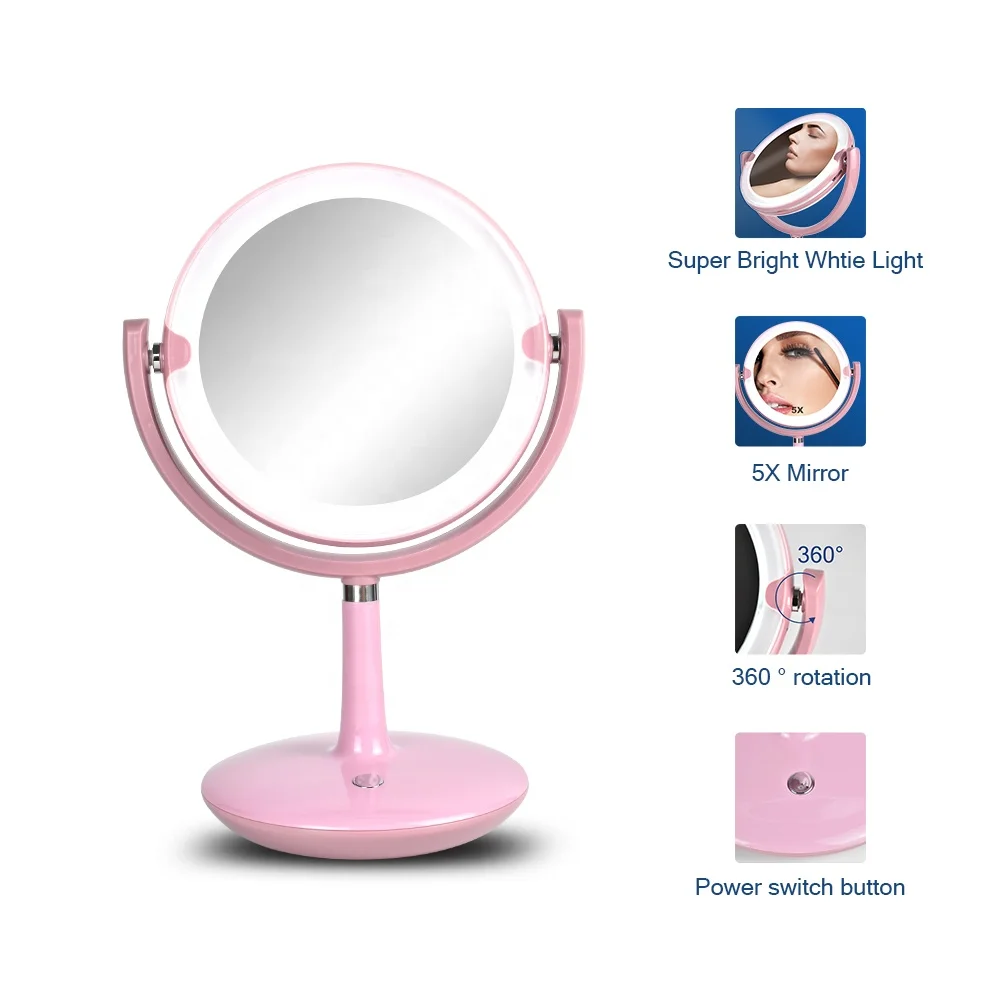 Table stand and plastic double sided desktop led makeup cosmetic mirror