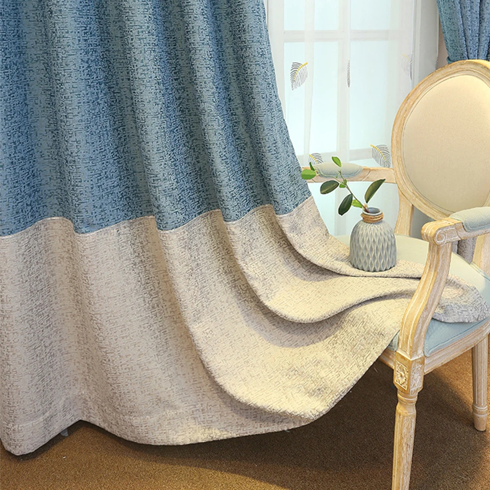 New Simple Elegant Stitching Blue Curtains Luxury Jacquard Design Curtains for Living Room Bedroom Home Textiles