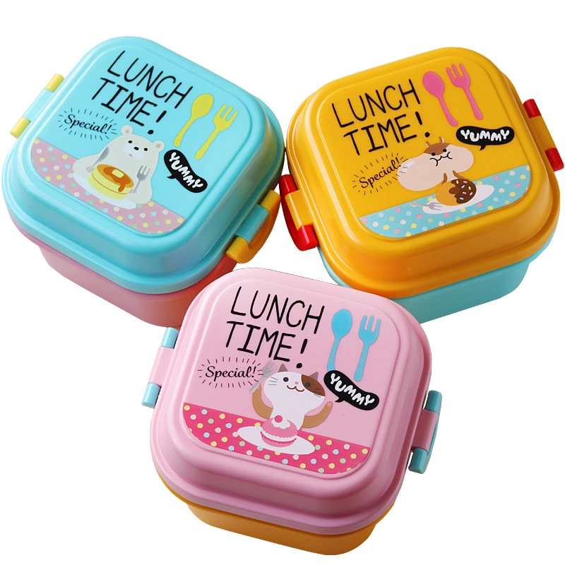 W88 Cute Cartoon Kittyed Plastic Storage Box Fresh Keeping Snack Food Organizer Household Kitchen Girl Kid Bento Lunch Box