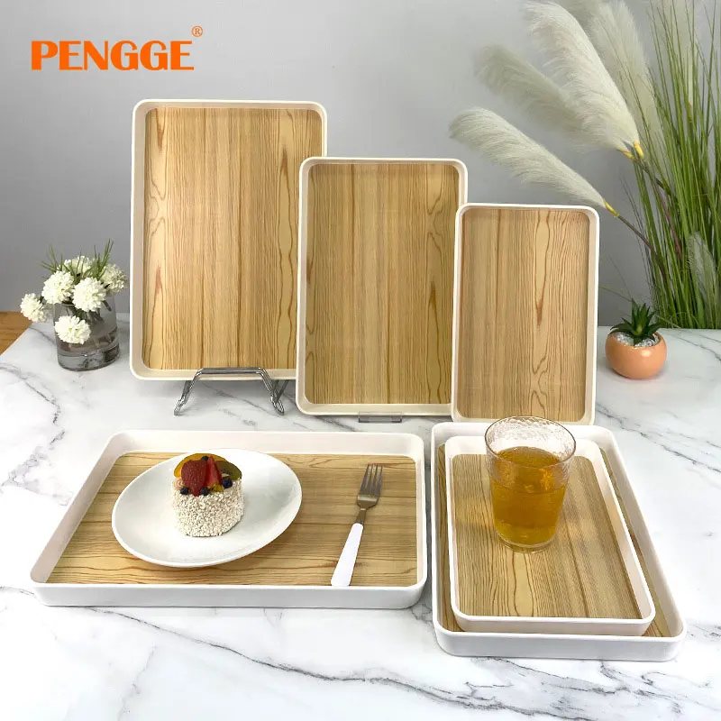 Bamboo Wooden Pattern Rectangle Melamine Tray Plate Dish Set Household Restaurant Use Classic Design Sustainable