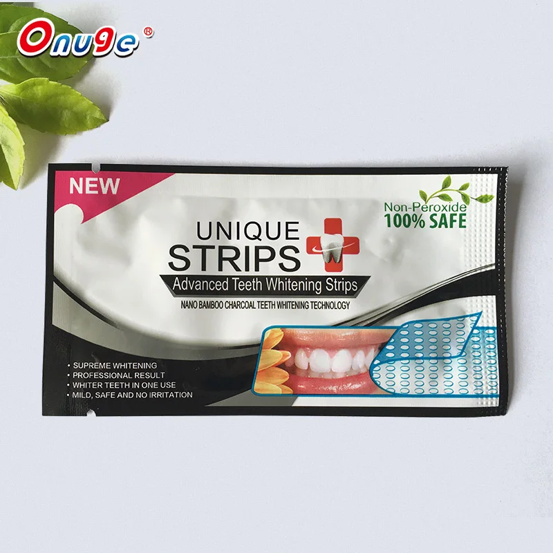 28 Pieces Dental White Onuge Tooth Cleaning Organic Bamboo Charcoal Bleaching Bright Teeth Whitening Strips Logo