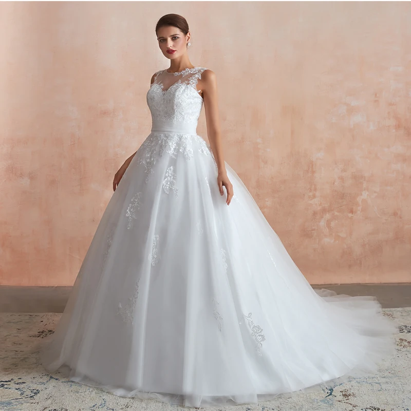 Custom Luxury White Lace Princess Long Women Tulle Applique Prom Party Wedding Dress