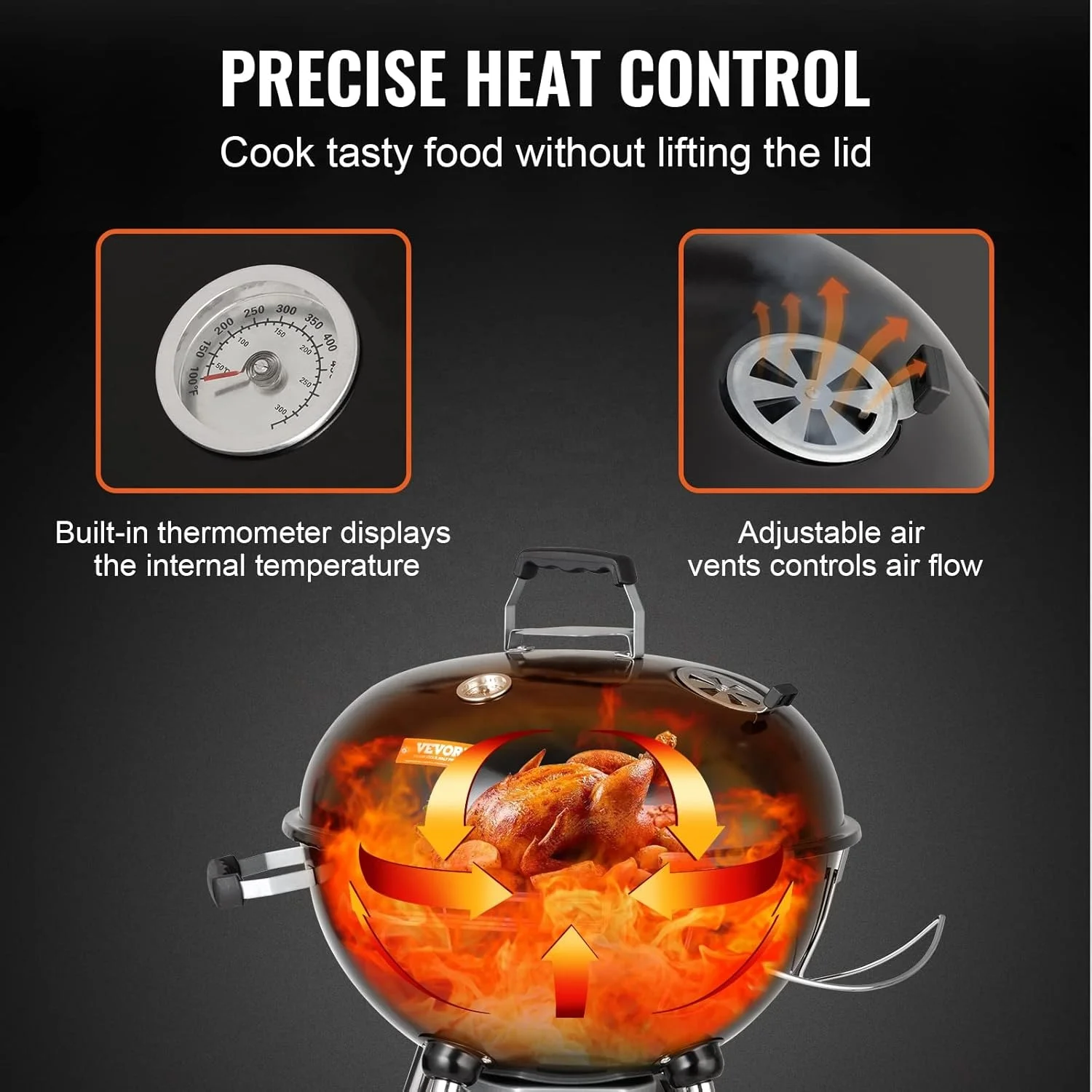 Black Porcelain Enameled 18.5' 22.5'Charcoal Grill with Wheels for Outdoor Cooking Barbecue Camping BBQ Coal Portable Round