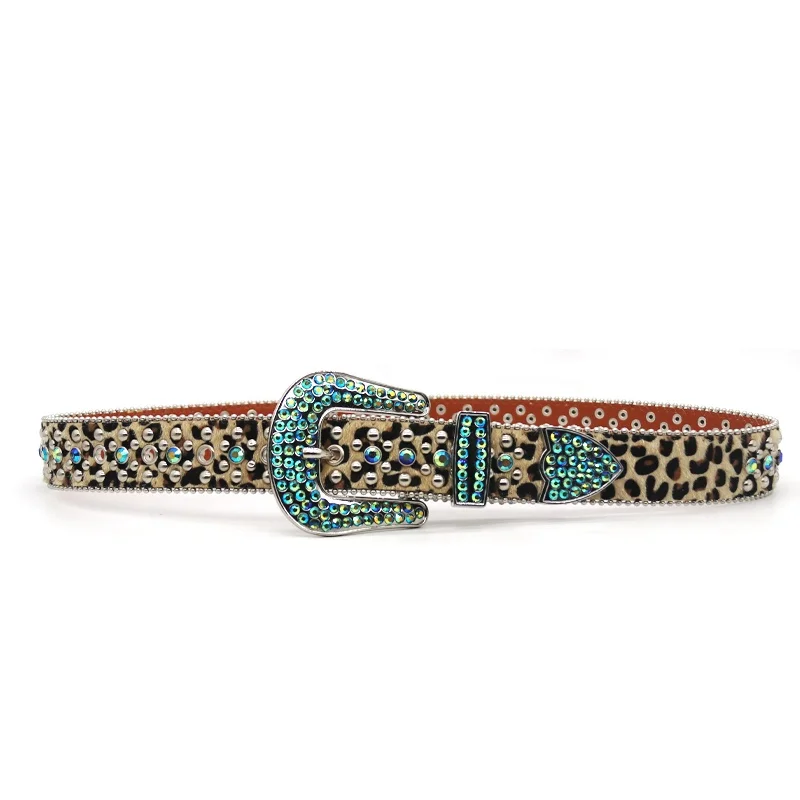 Brown Leopard Western Luxury Crystal Rhinestone Belt With Full Diamond Alloy Buckle Fashion Punk Trendy Diamond Belt