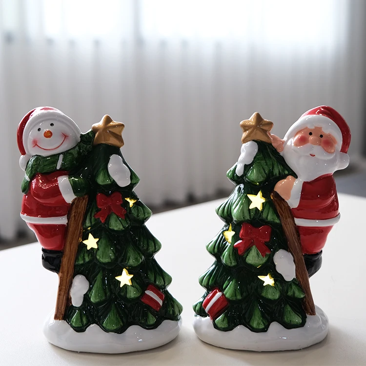 Factory Decoration ceramic LED Christmas tree with climbing santa snowman Christmas collection ornaments