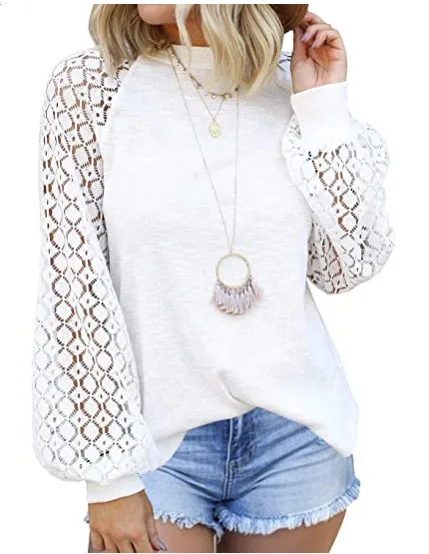 New Amazon pop round neck long sleeve lace stitched loose top for women white blouse