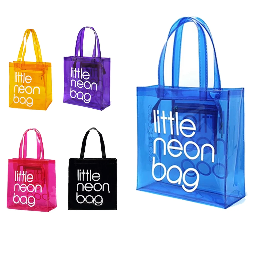 Large Capacity Laser Logo PVC Travel Shopping Work Women Purses Zippered Handbag Makeup Cosmetic Beach Stadium Clear Tote Bag