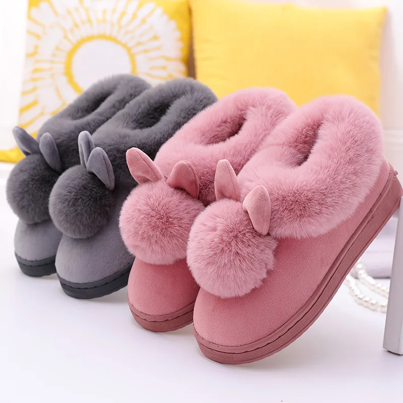 2020 New Autumn Winter Female Cotton Slippers Fur Rabbit Ear Home Indoor Slippers Warm Thick Shoes Women Cute Plus Plush Bottom