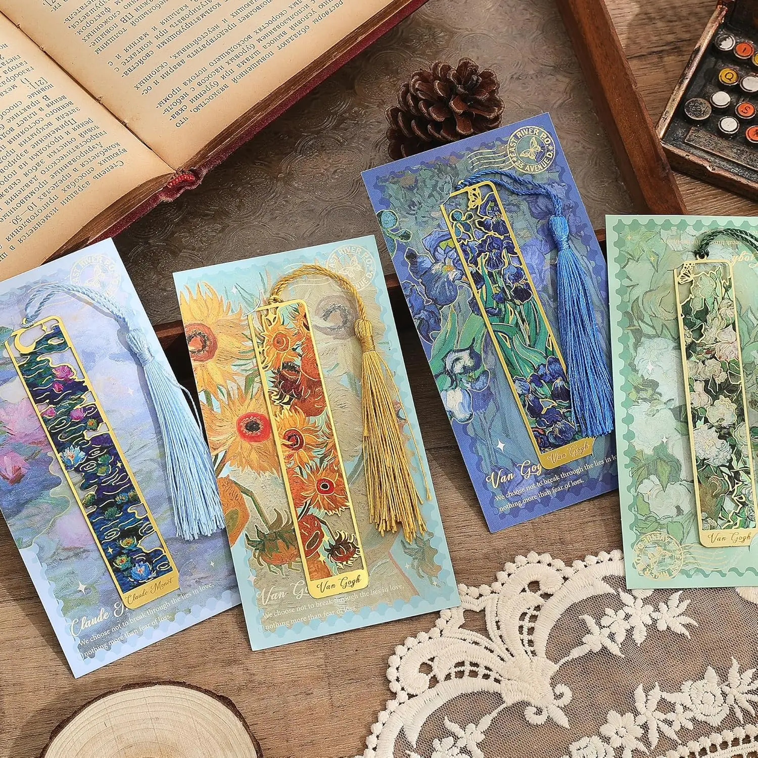 Metal Bookmarks with Tassel Golden Hollow Bookmark Van Gogh Oil Painting Theme Book Mark Bookmarks
