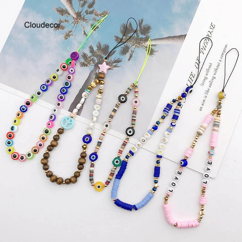 Mobile Phone Accessory Strap Bracelet Boho Eye Wood Beads Phone Lanyard Letter Love Beaded Hanging Chain For Cell Phone Cord