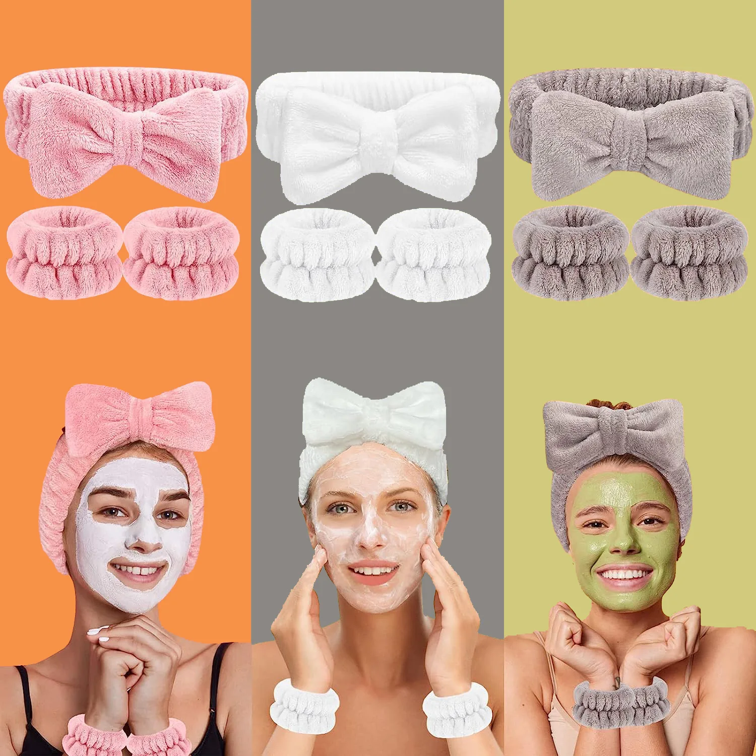 Soft Microfiber Facial Makeup Headband Fuzzy Skincare Spa Headband for Washing Face and Matching Wristbands Set