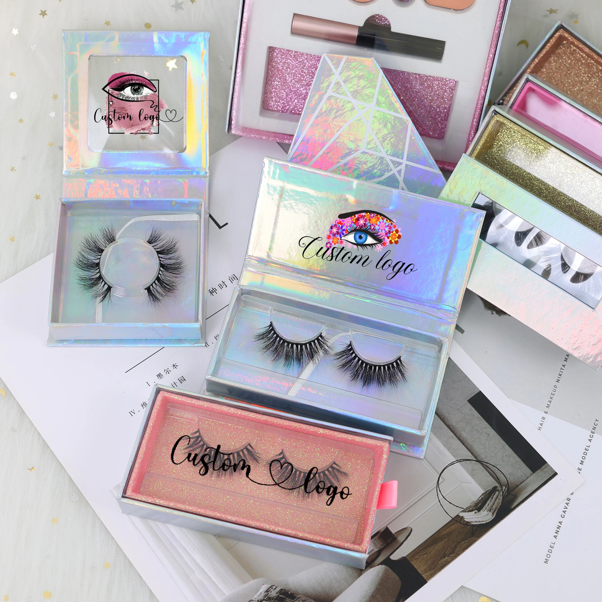 Own brand Customized Logo lashes box laser holographic eyelash box 3D multi-color lash packing box