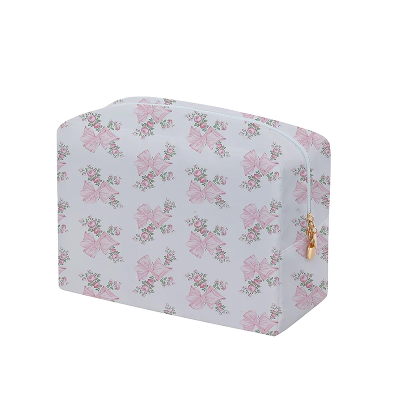 Wholesale Custom Travel Large Cosmetic Pouch Luxury Women Floral Ribbon Bow Printed Nylon Makeup Bag