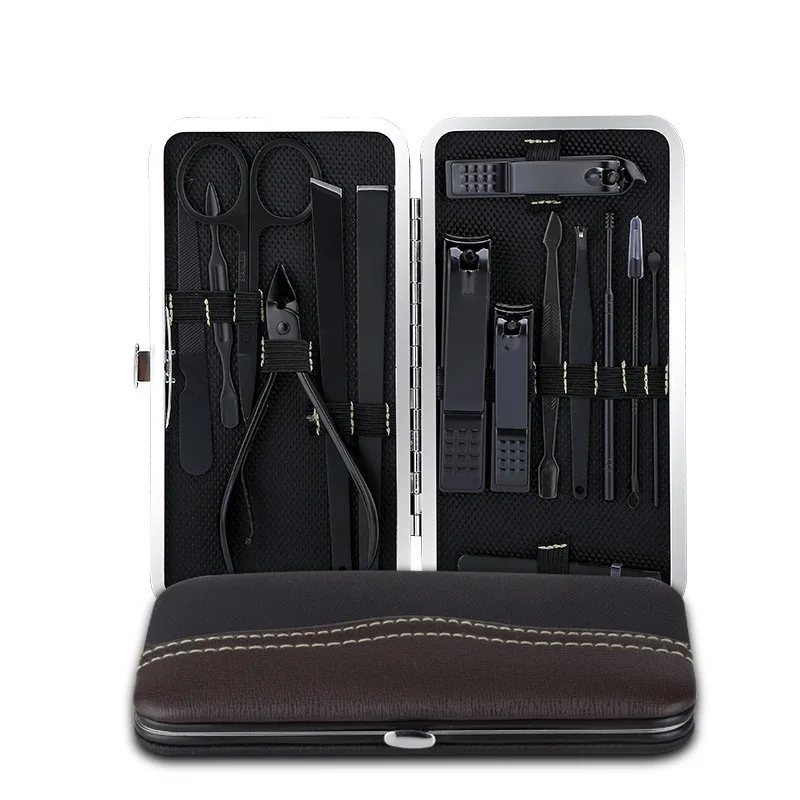 15pcs Multifunctional Black Nail Clippers Sets Stainless Steel Cutter Kit with
