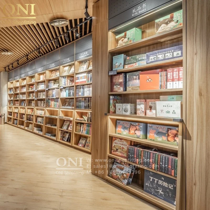 ONI Shopfitting Customized Bookstore Interior Design Display Racks Retail Wooden Bookstore Display Furniture