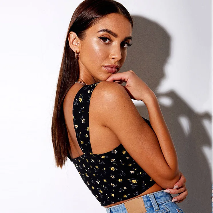 
Square Collar Daisy Flower Print Summer Crop Tops For Women Streetwear Fashion Casual Sleeveless Sexy Camisole Female Tank Top 