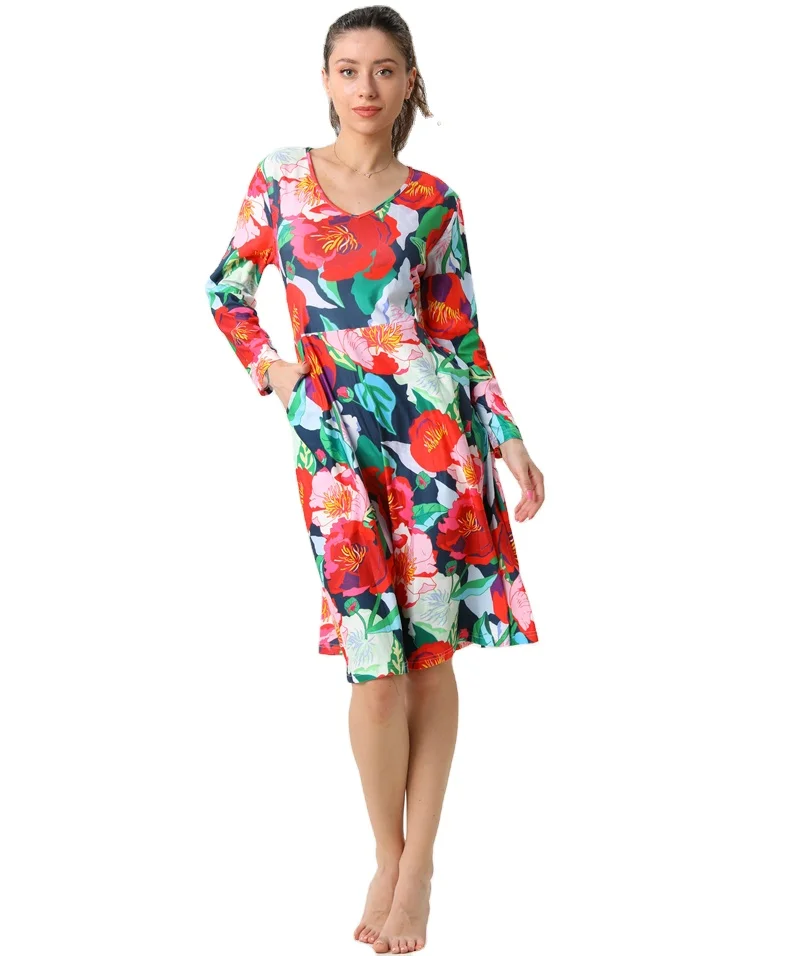 New Arrivals Wholesale Ultra Soft Fashion Women Full Long Sleeve Dress Red Flowers Four Seasons Lady Soft Dresses with Pockets