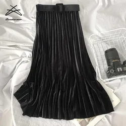 Women Korean Ladies Belt Ladies Velvet Pleated Elegant Womens Aline High Waist Midi Skirts