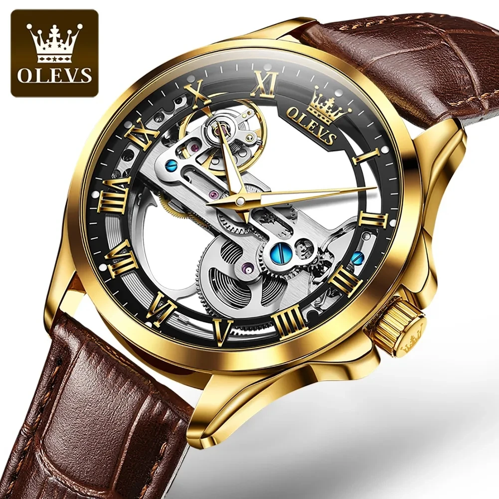 OLEVS 6661 Genuine Leather Strap Waterproof Watch For Men Casual Hollow-carved Automatic Mechanical Men Luminous Wristwatch