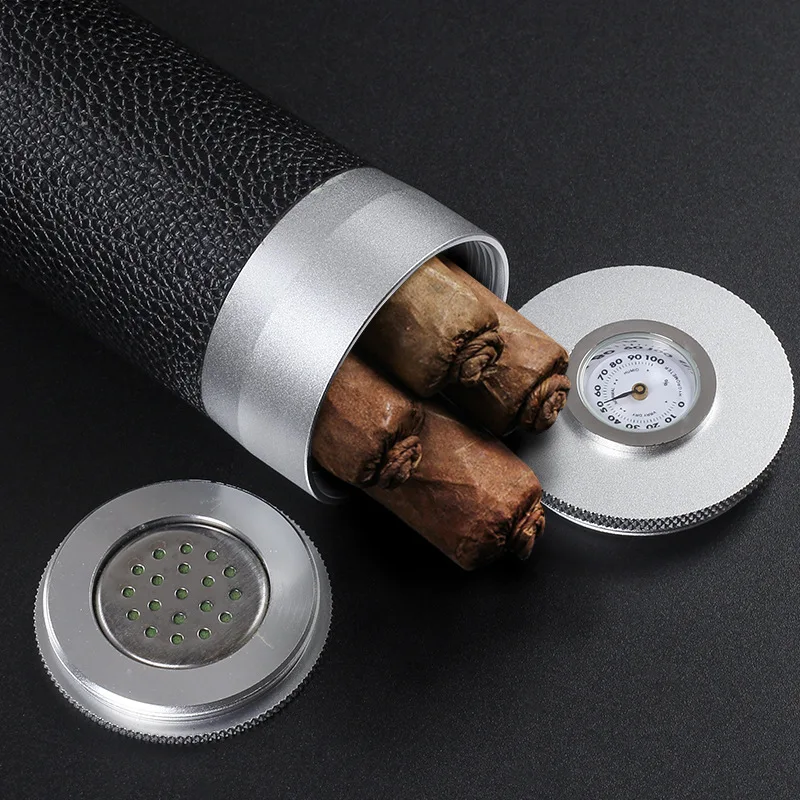 Portable Travel Leather Alloy Metal Cigar Humidor With Cigar Hygrometer Humidifier Cigar Tube