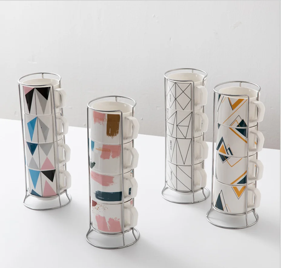 Best selling Porcelain Stackable Ceramic Espresso Cups latte coffee mug and Metal Stand