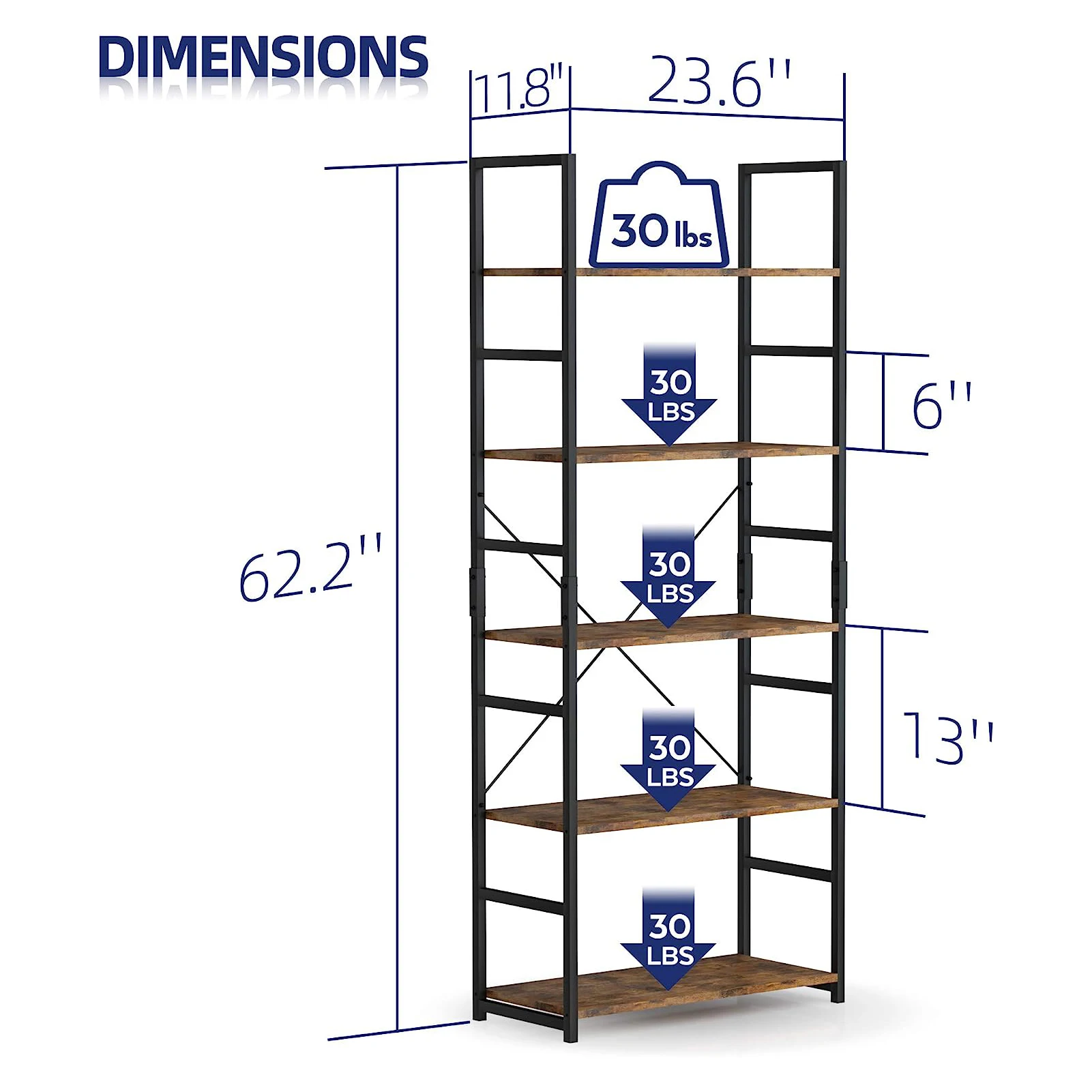 5 Tier Bookshelf Tall Bookcase Shelf Storage Organizer Modern Book Shelf for Bedroom Living Room and Home Office