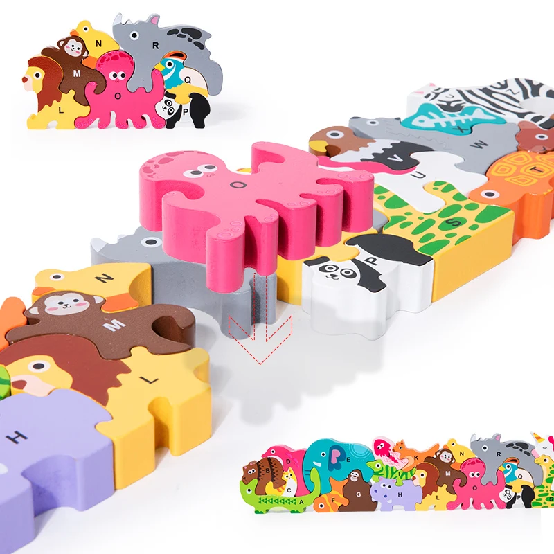 Wooden Cartoon Building Blocks Educational Children Play Shape Matching Toy Letter Blocks Puzzles