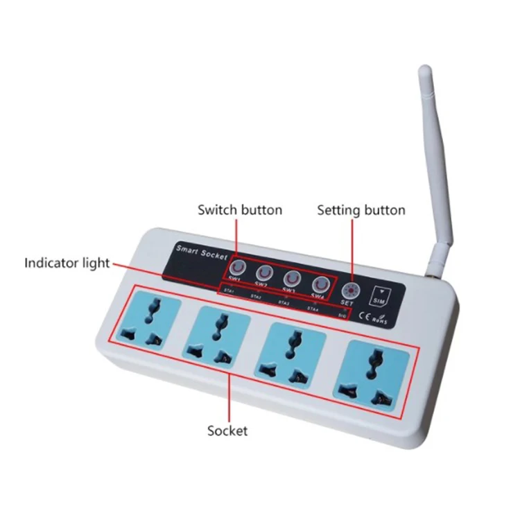 Quad Band GSM 850/900/1800/1900MHz 4-outlet Relay 16A Smart Extension Socket Power Strip with Temperature Sensor Linkage Control