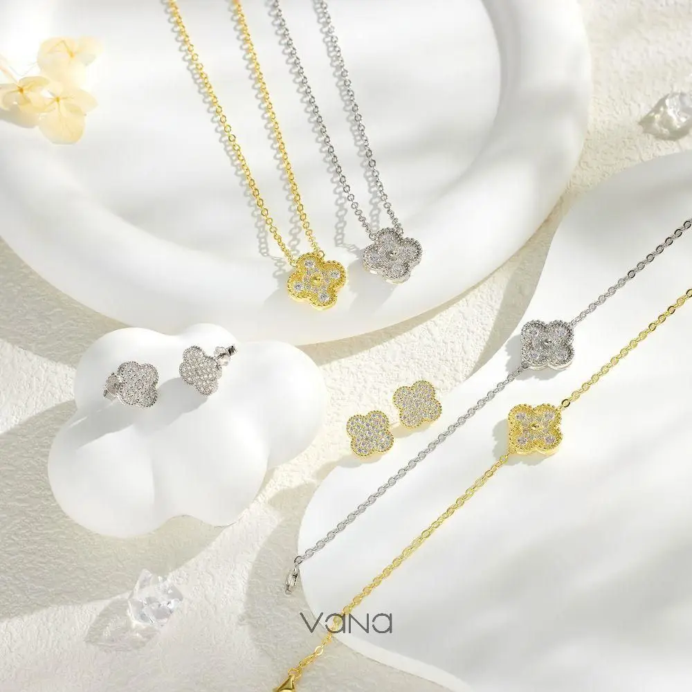 VANA four Leaf Clover Charm S925 Jewellery Bijoux 18k Gold Plated 925 Sterling Silver Necklace Bracelet Earrings Jewelry Set