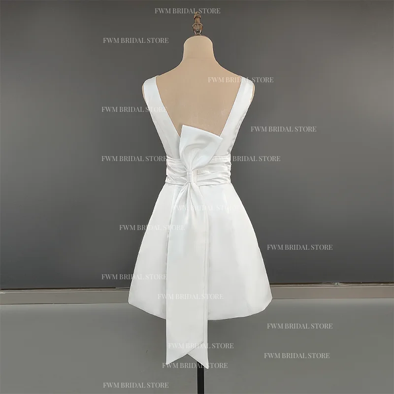 #15083 Real Photos Simple Short Sheath Boat Neck Wedding Dress Sleeveless Backless Belt Bow Stain Bridal Gown Even Party Skirt