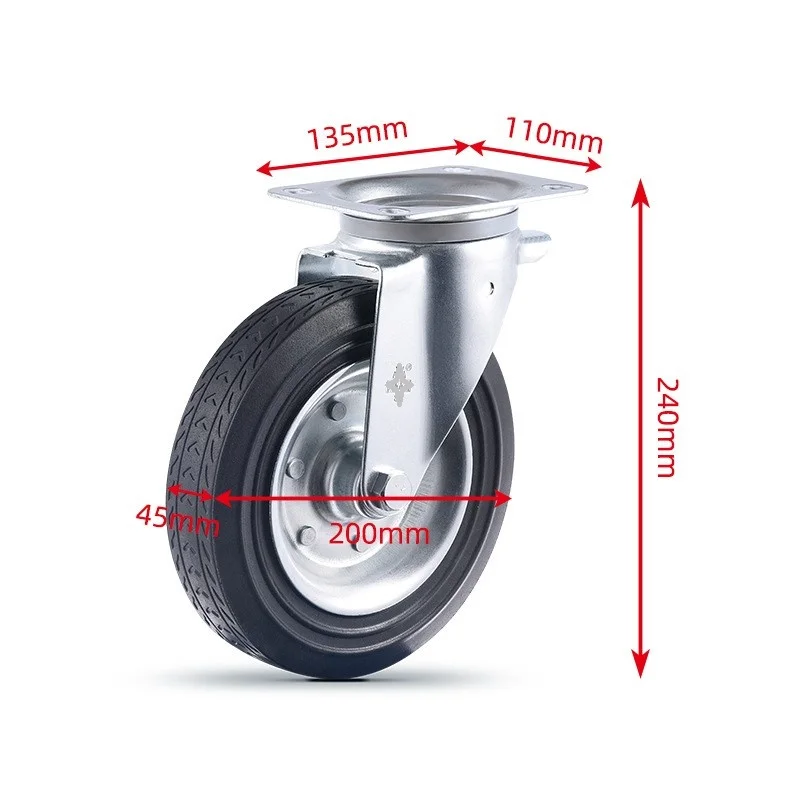 8 Inch 200mm load-bearing wear-resisting heavy duty rubber caster and wheel for waste bin