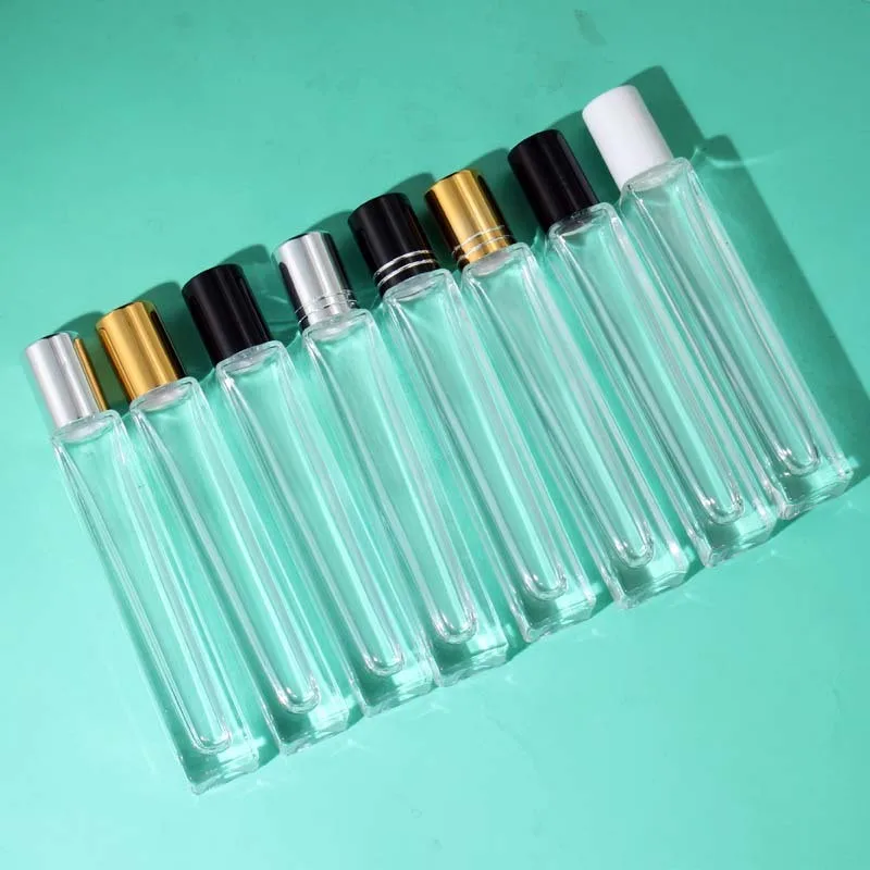 Flat Square glass perfume essential oils roll on bottle 10ml clear cube glass bottle with steel roller and shiny gold lid
