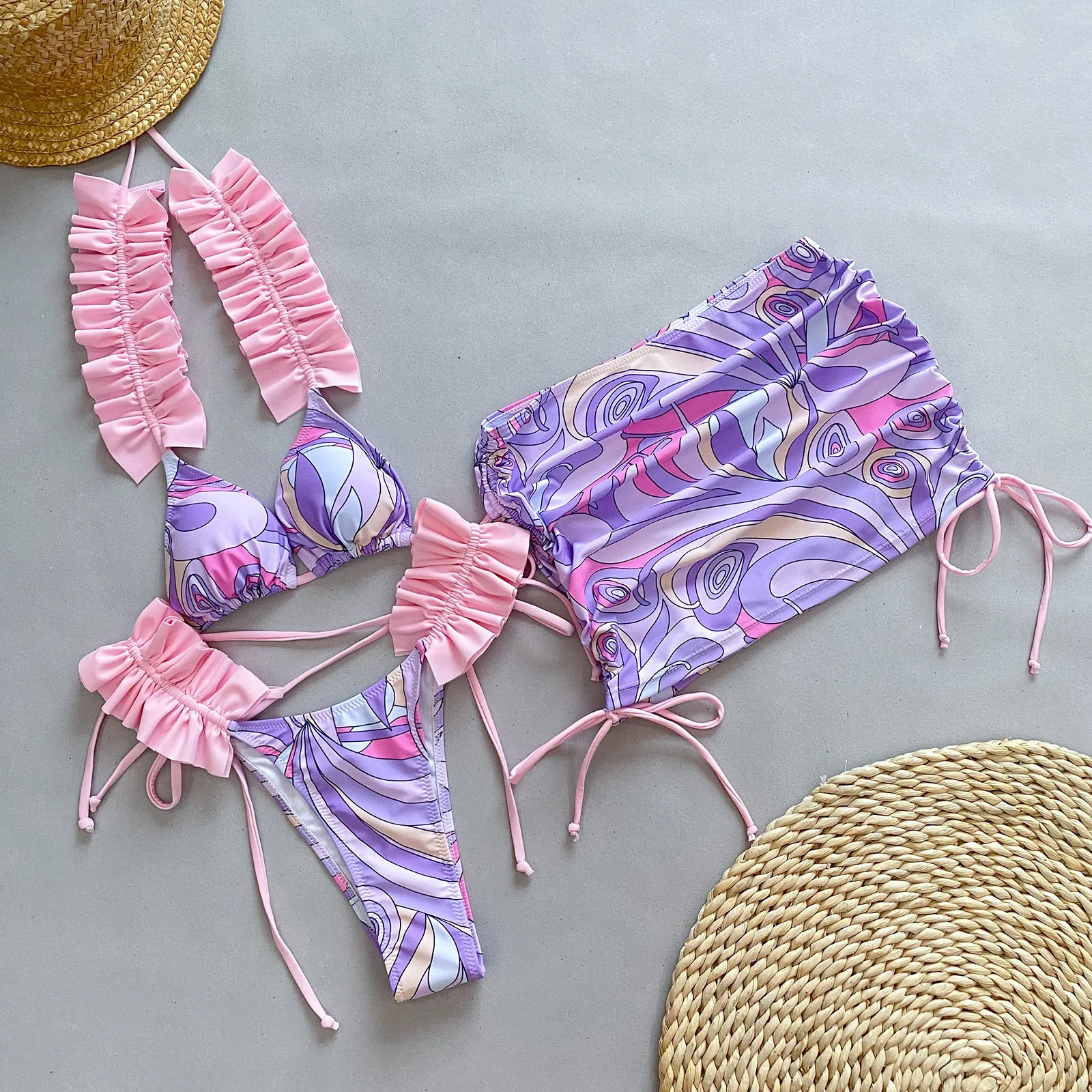 With Skirt Waved Ruffled Frilled Bikini Female Swimsuit Women Swimwear Three-pieces Bikini set Bather Bathing Suit Swim