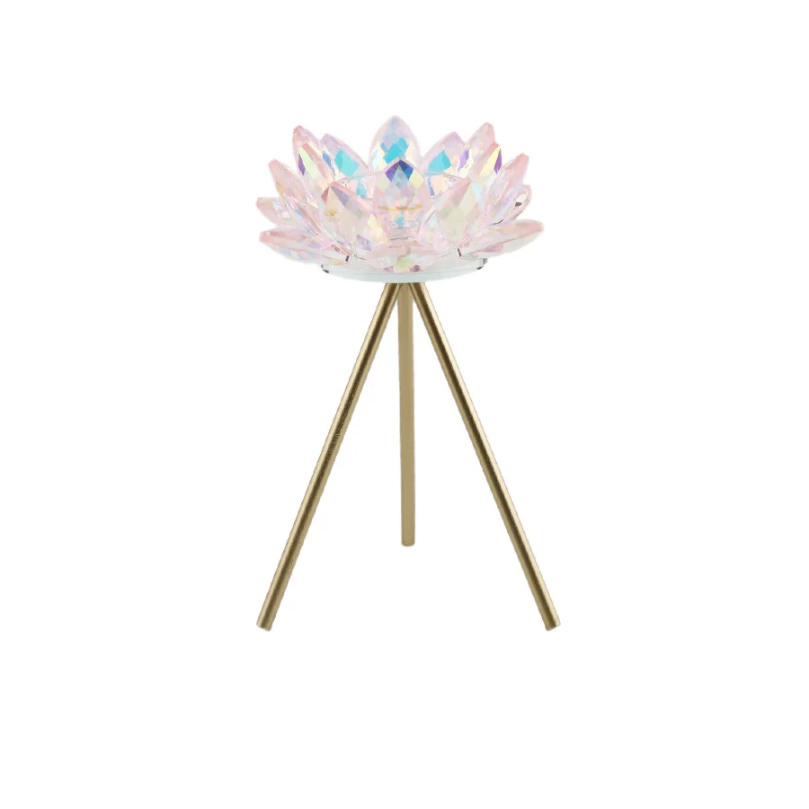 New Design Candle Holder  Decorative Crystal Lotus Flower Glass Candle Holder With Metal Base
