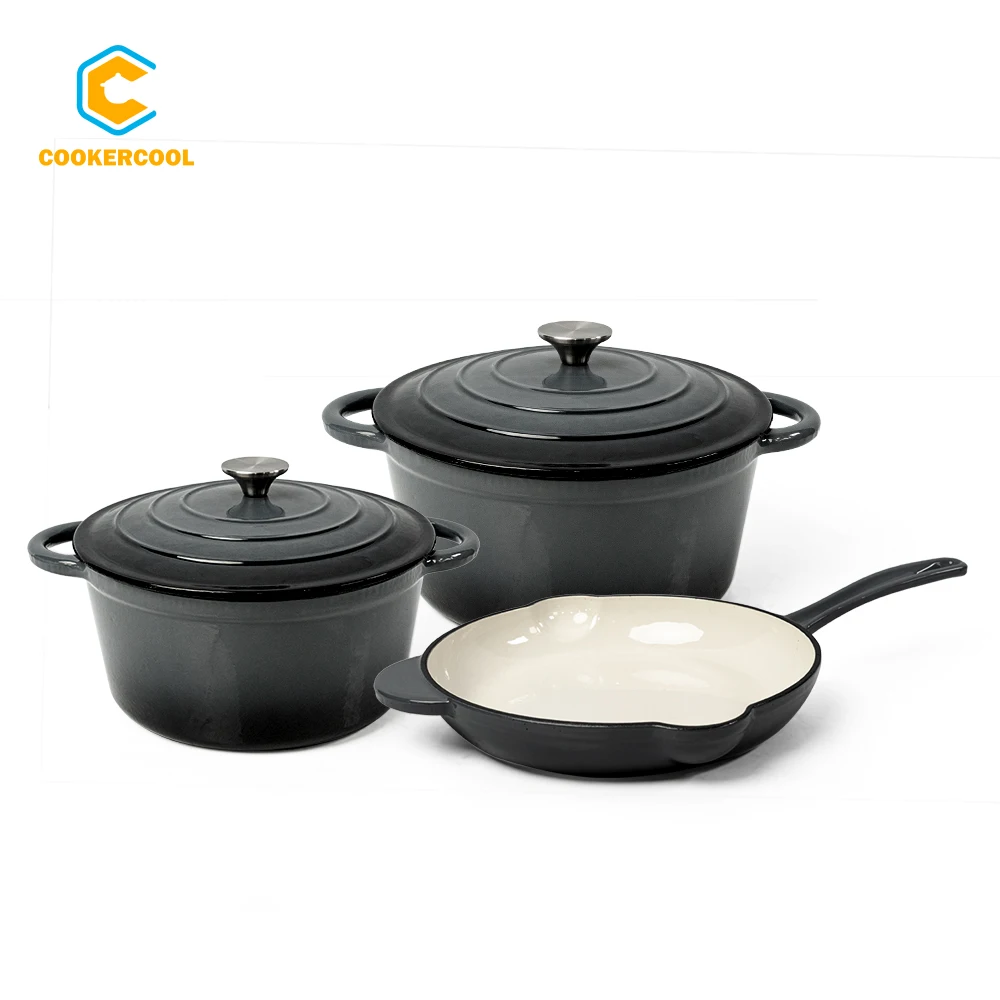 Cookercool 3 pieces Kitchen ware Heavy Duty Cast Iron White Enamel Pots and Pans Set Nonstcik Cookware