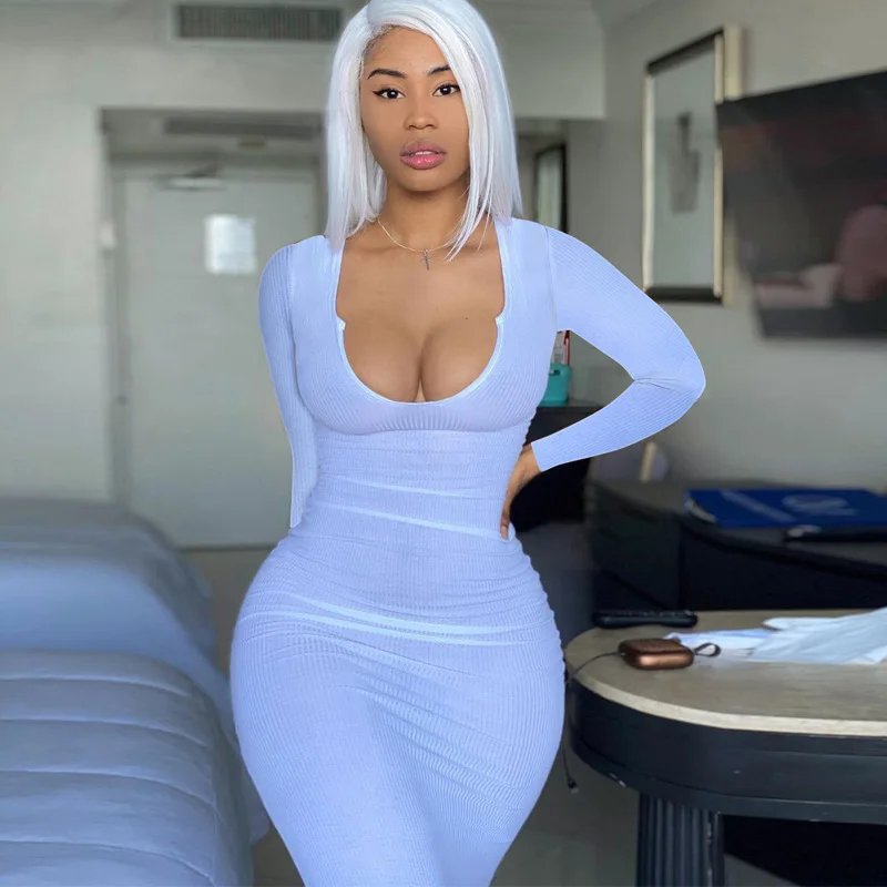 W-C-1167A S-3XL Long Sleeve Maxi Bodycon Dress Women Simple Solid Stretchy Ribbed V Neck Skinny Slim Fit Elegant Outfit Dress