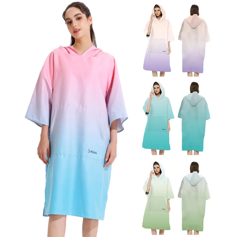Wholesale Printed Quick Dry Adult Bath Beach Surf Hooded Microfiber Changing Robe Poncho Towel