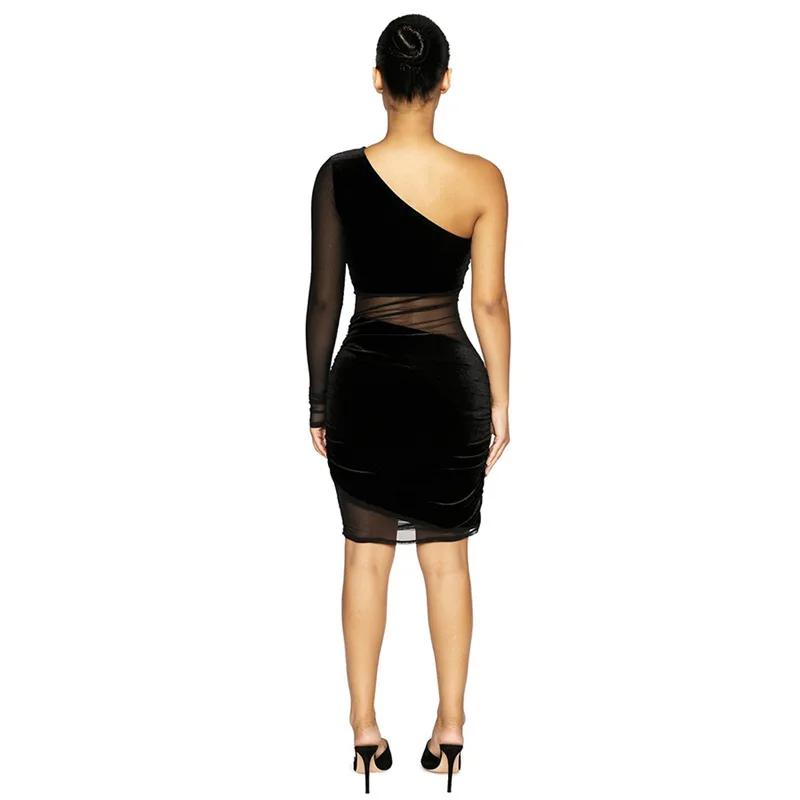 Spring One Shoulder Long Sleeve Dress Mini Dress Sexy See Through Mesh Velvet Black Plain Dress Ladies