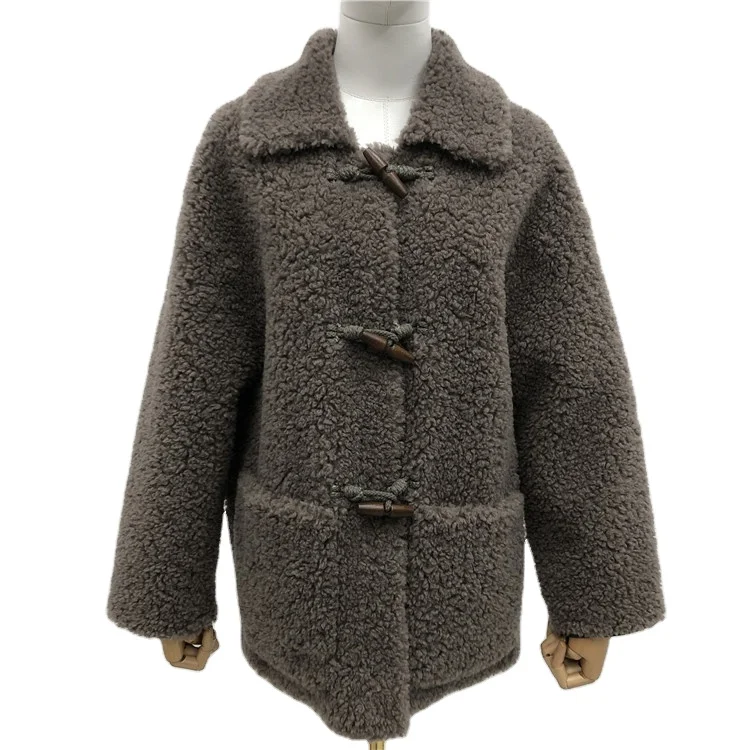 Bown Color Turn-down Collar Horn Button Imported Suede Lining Winter Wool Coat Women