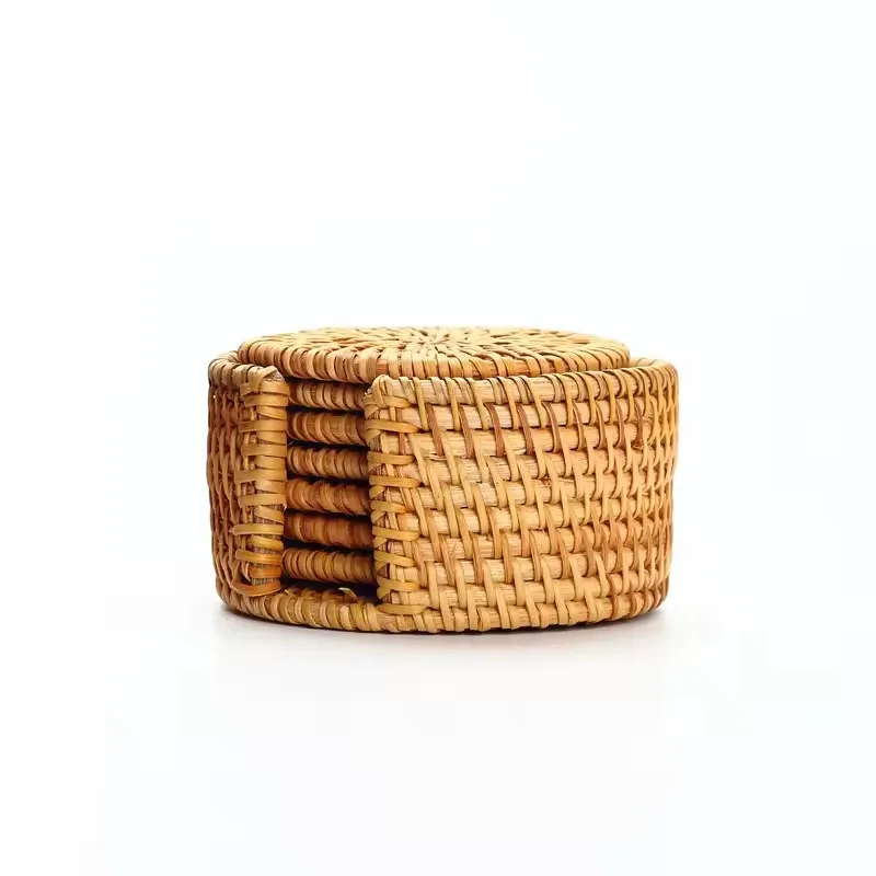 Natural hand woven rattan coasters Hand made natural rattan cup Mat epoxy resin coasters