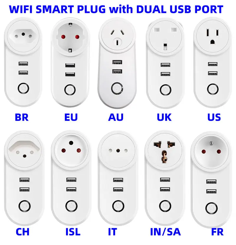 2USB universal wifi smart home socket Smart Life Alexa Smart Plug US UK IN AU EU IL ZA CH JP Smart Power Plug with USB port